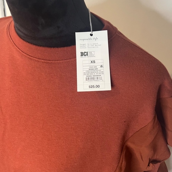 NWT XS Women's Casual Ruffle Crew Neck Sweatshirt Brown Rust - Picture 3 of 5